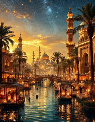 The primary subject of the image is a beautifully lit city at night, featuring a large palace with a bridge and a river flowing through it. The setting is a city with a mix of old and new architecture, creating a unique and captivating atmosphere. The visual style of the image is a combination of photo and digital art, giving it a realistic yet artistic appearance. The colors and mood of the image are warm and inviting, with the lights from the palace and boats on the river creating a sense of wonder and enchantment.